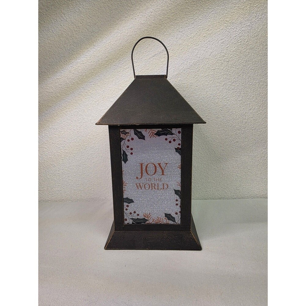 Joy To The World Black Lantern with LED Candle Battery Operated 10" Christmas